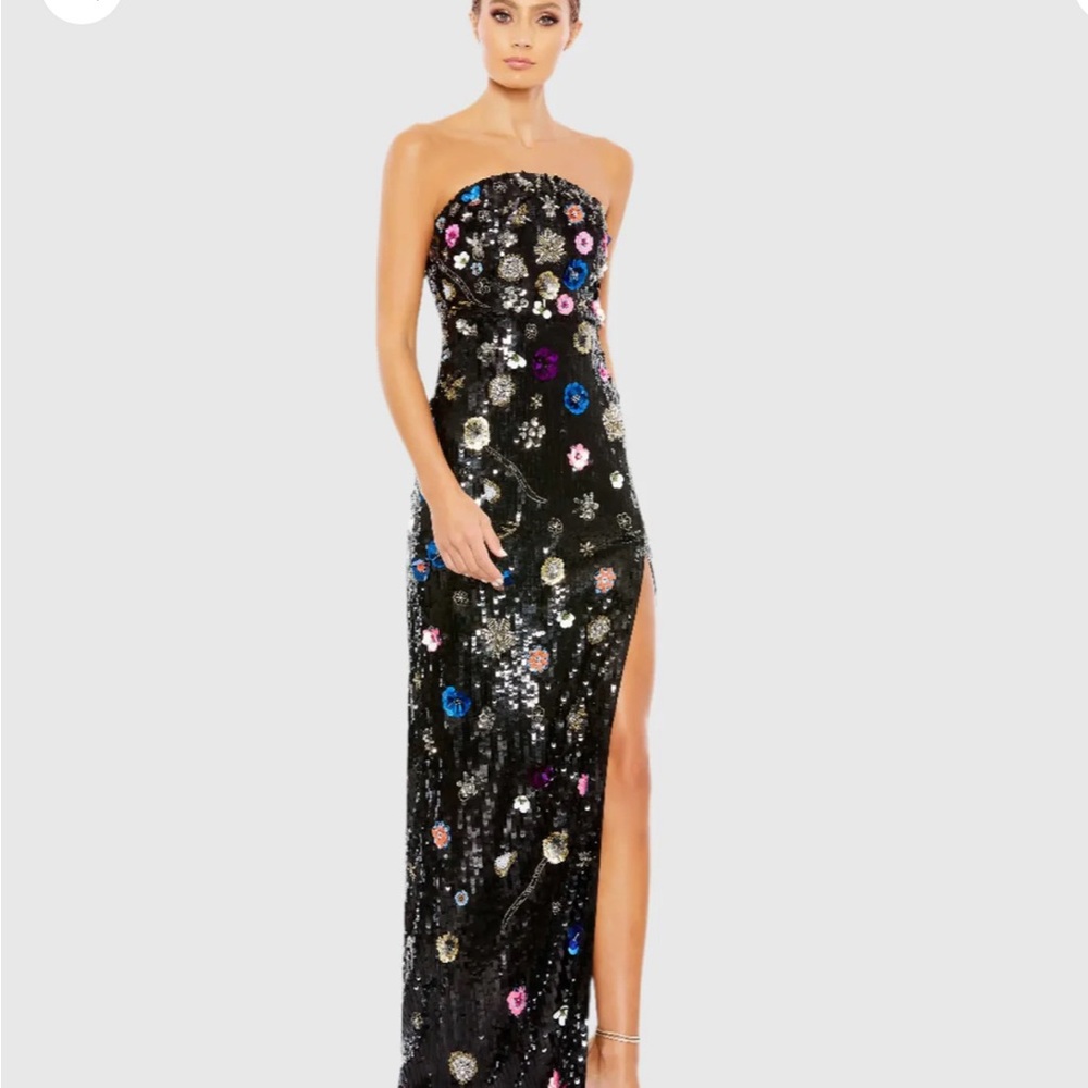Black Floral Embellished Strapless Column Gown